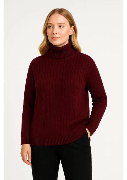 Kadın Balıkcı Yaka Bağazlı Triko Kazak Pamuklu Kalın Fitilli Dokuma - Bordo modelleri