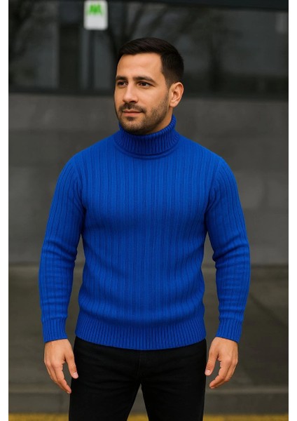Erkek Balıkcı Yaka Bağazlı Triko Kazak Pamuklu Kalın Fitilli Dokuma, Regular Fit Uzun Kollu Kışlık Model - Saks Mavisi