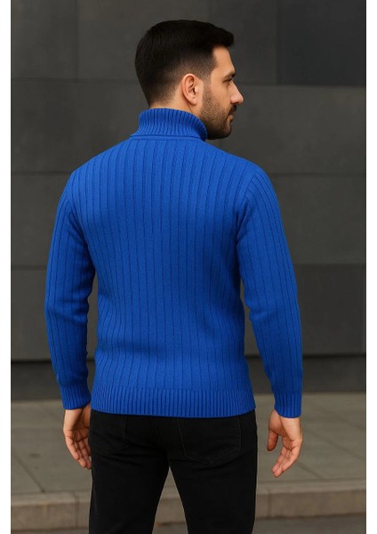 Erkek Balıkcı Yaka Bağazlı Triko Kazak Pamuklu Kalın Fitilli Dokuma, Regular Fit Uzun Kollu Kışlık Model - Saks Mavisi fiyatları