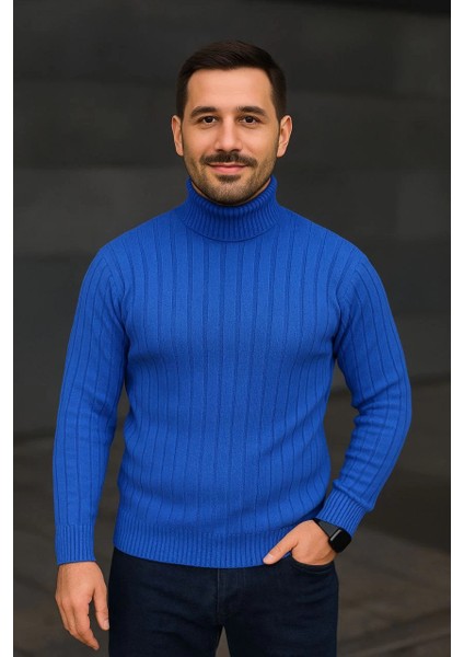 Erkek Balıkcı Yaka Bağazlı Triko Kazak Pamuklu Kalın Fitilli Dokuma, Regular Fit Uzun Kollu Kışlık Model - Saks Mavisi modelleri
