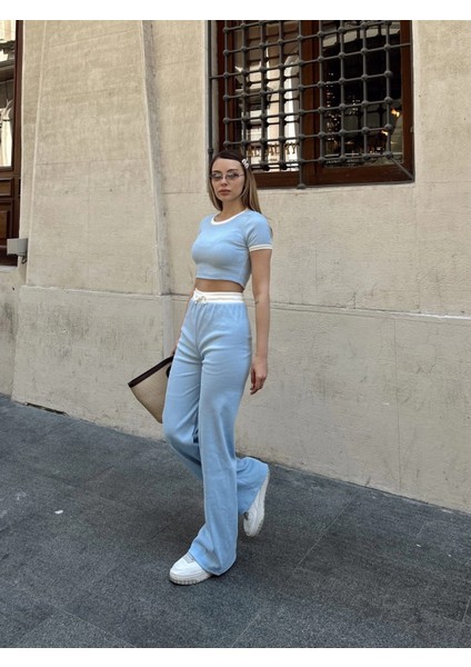 Crop Pantolon Biyeli Takım Mavi modelleri
