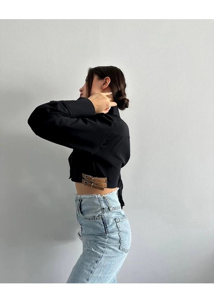 Yanı Kemer Detaylı Crop Gömlek Siyah S4009 modelleri
