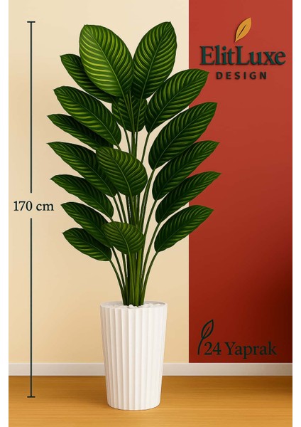 Elitluxe 170 cm Yapay Salon Bitkisi – 24 Yaprak – Büyük Dekoratif Yapay Çiçek – Beyaz Premium Saksı