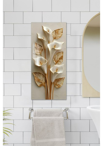 Altın Detaylı Beyaz Zambak Temalı Temperli Cam Dik Tablo 30X60 cm Ebadında Uv Baskı - DCT036