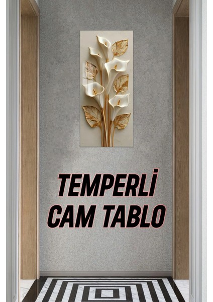 Altın Detaylı Beyaz Zambak Temalı Temperli Cam Dik Tablo 30X60 cm Ebadında Uv Baskı - DCT036