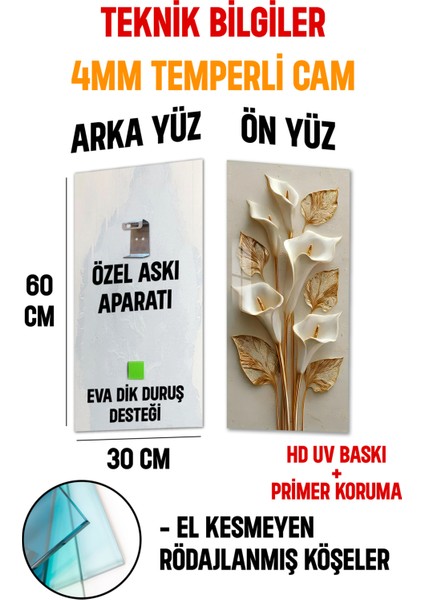 Altın Detaylı Beyaz Zambak Temalı Temperli Cam Dik Tablo 30X60 cm Ebadında Uv Baskı - DCT036