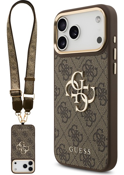 iPhone 17 Pro Max Uyumlu Kılıf Guess Lisanslı 4g Büyük Metal Logolu Kalın Askılı Kapak Kahverengi
