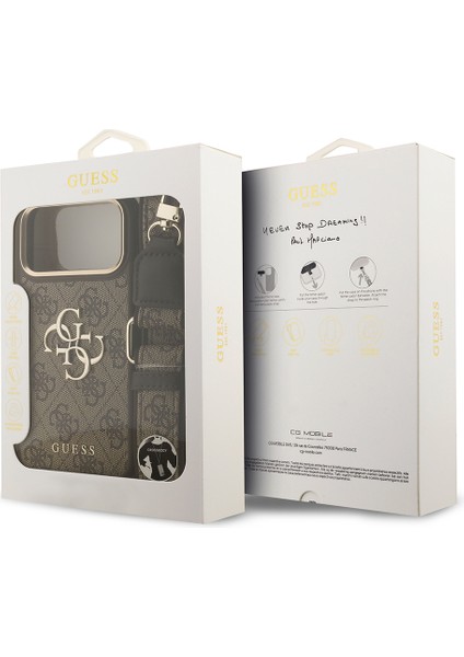 iPhone 17 Pro Max Uyumlu Kılıf Guess Lisanslı 4g Büyük Metal Logolu Kalın Askılı Kapak Kahverengi