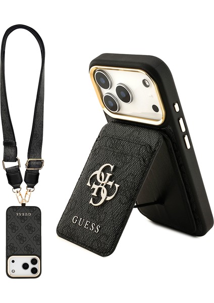 iPhone 17 Pro Uyumlu Kılıf Guess Lisanslı M-Safe Özellikli Askılı ve 4g Logo Kartlıklı Kapak Siyah