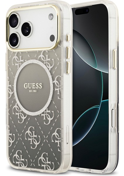 iPhone 17 Pro Uyumlu Kılıf Guess Lisanslı M-Safe Şarj Özellikli 4g Desenli Simli Silikon Kapak Gri