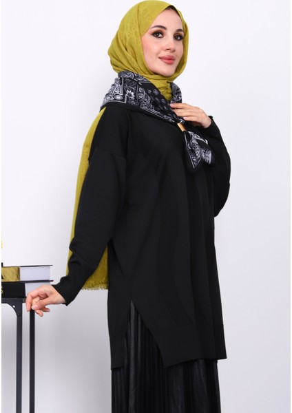 Siyah Bisiklet Yaka Soğuk İplik Triko Tunik modelleri