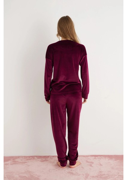 Kadın Yumuşak Kadife Mürdüm Pijama Takımı modelleri