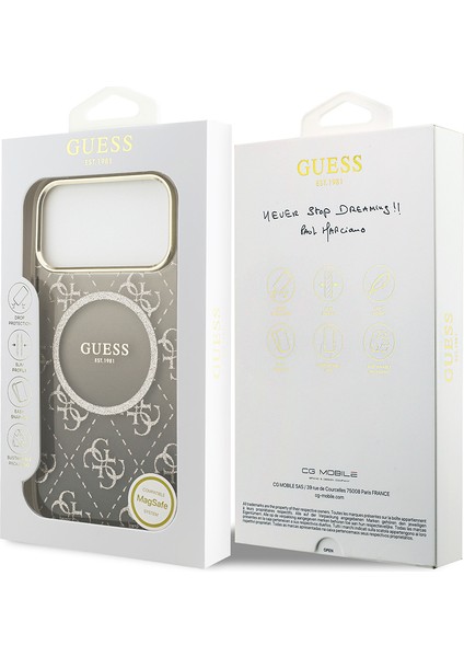 iPhone 17 Pro Uyumlu Kılıf Guess Lisanslı M-Safe Şarj Özellikli 4g Desenli Simli Silikon Kapak Gri