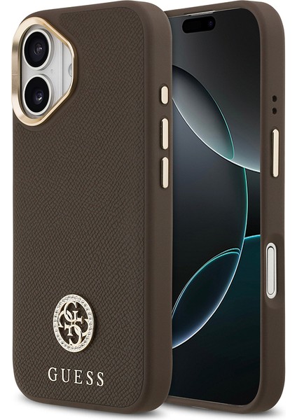 iPhone 17 Uyumlu Kılıf Guess Lisanslı M-Safeli Grained Yazı ve Taşlı 4g Logolu Kapak Kahverengi
