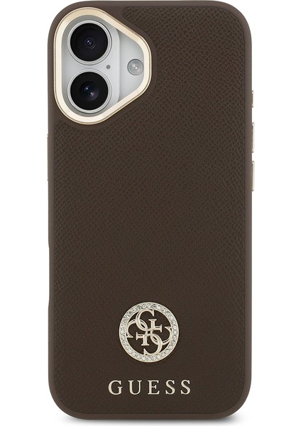 iPhone 17 Uyumlu Kılıf Guess Lisanslı M-Safeli Grained Yazı ve Taşlı 4g Logolu Kapak Kahverengi modelleri