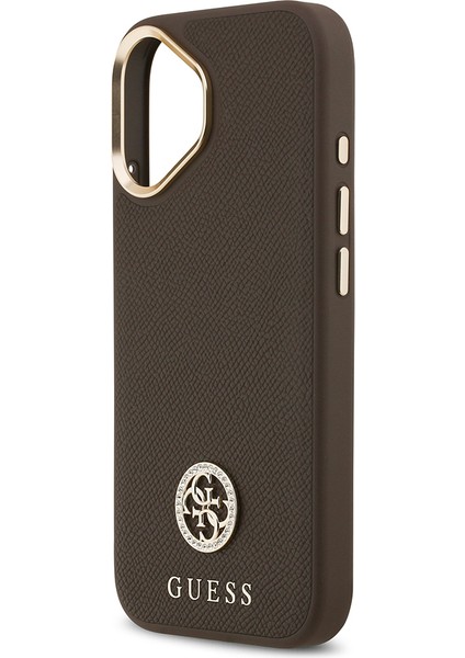 iPhone 17 Uyumlu Kılıf Guess Lisanslı M-Safeli Grained Yazı ve Taşlı 4g Logolu Kapak Kahverengi
