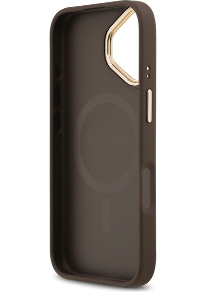 iPhone 17 Uyumlu Kılıf Guess Lisanslı M-Safeli Grained Yazı ve Taşlı 4g Logolu Kapak Kahverengi