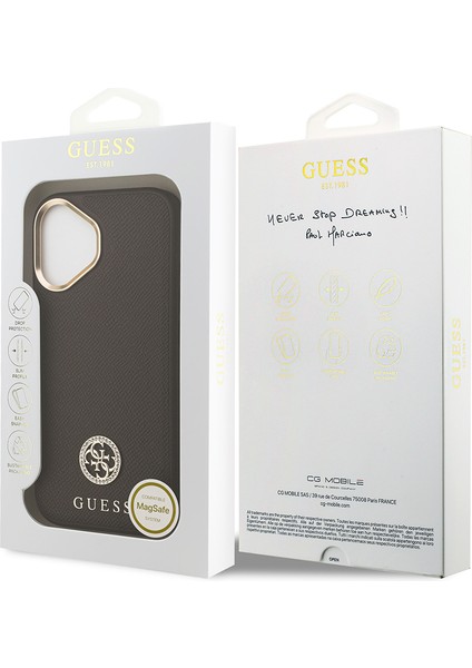 iPhone 17 Uyumlu Kılıf Guess Lisanslı M-Safeli Grained Yazı ve Taşlı 4g Logolu Kapak Kahverengi
