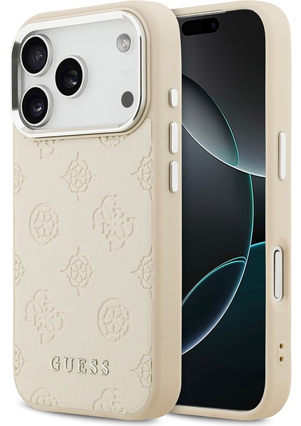 iPhone 17 Pro Uyumlu Kılıf Guess Lisanslı M-Safeli Sıcak Baskılı Klasik Yazı Logolu Pu Peony Bej
