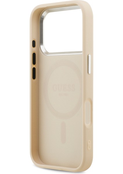 iPhone 17 Pro Uyumlu Kılıf Guess Lisanslı M-Safeli Sıcak Baskılı Klasik Yazı Logolu Pu Peony Bej