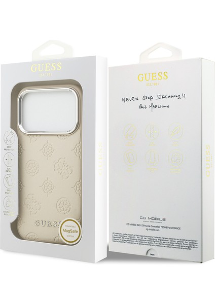 iPhone 17 Pro Uyumlu Kılıf Guess Lisanslı M-Safeli Sıcak Baskılı Klasik Yazı Logolu Pu Peony Bej
