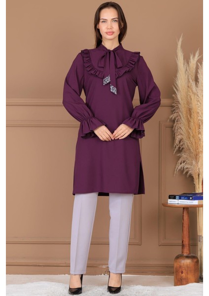 Asel Tunik Pantolon Ikili Tesettür Takım Mürdüm