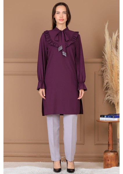 Asel Tunik Pantolon Ikili Tesettür Takım Mürdüm modelleri