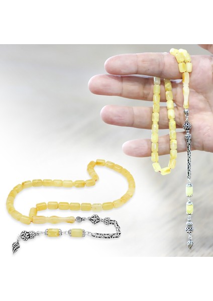 925 Ayar Gümüş Kral Zincir Püsküllü Tombul Kapsül Kesim Sarı Beyaz Doğal Damla Kehribar Tesbih fiyatları