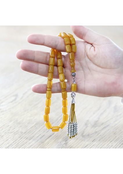 Çubuk Sıkma Kehribar Tesbih - Osmanlı Saray Püsküllü - Sarı Renk - Kapsül Kesim fırsatları
