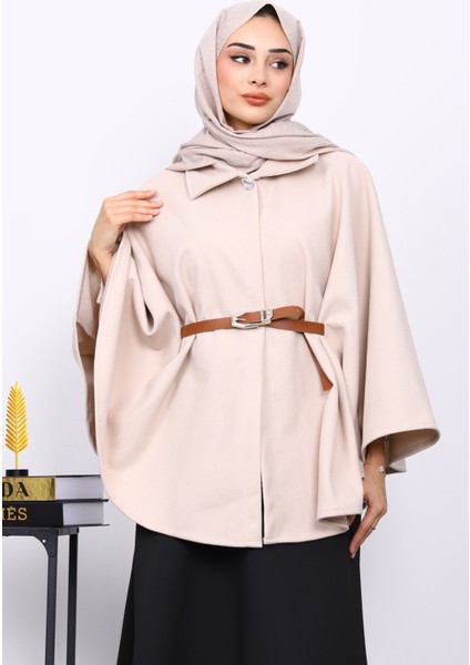 Krem Kemerli Kaşe Panço modelleri