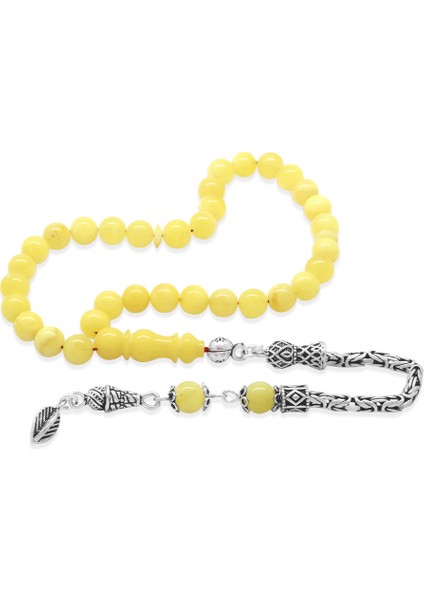 925 Ayar Gümüş Kral Zincir Püsküllü Bilek Boy Küre Kesim Soft Sarı Beyaz Doğal Damla Kehribar Tesbih