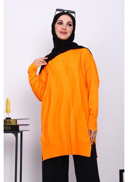 Turuncu Bisiklet Yaka Soğuk İplik Triko Tunik