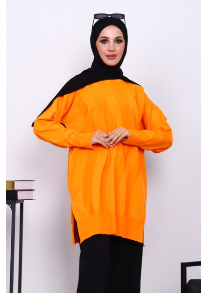 Turuncu Bisiklet Yaka Soğuk İplik Triko Tunik modelleri