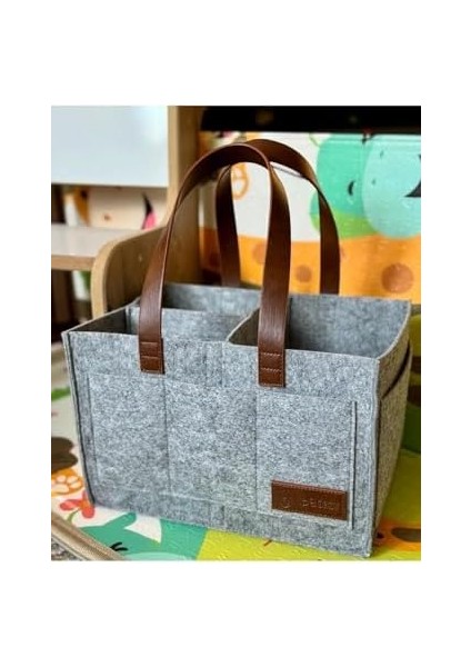 Deri Kulplu Keçe Çanta - Anne Bebek Düzenleyici – Bebek Bakım Keçe Organizer - Gri modelleri