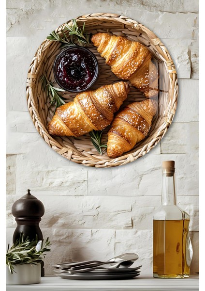 3D Görünümlü Temperli Cam Tablo – Kruvasan ve Reçel Temalı Duvar Süsü Uv Baskı 33X33 CM-CDS096