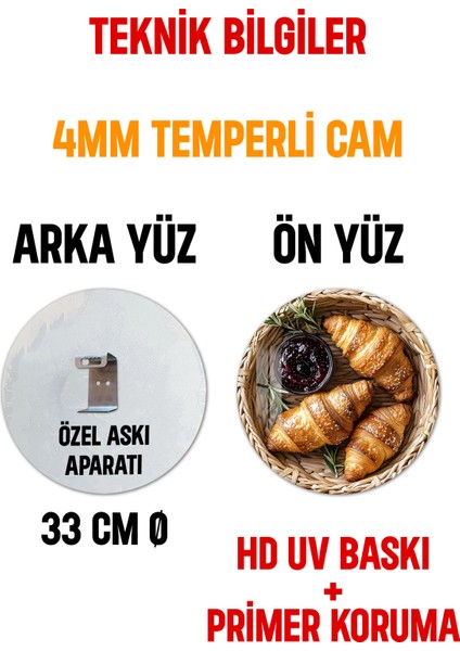 3D Görünümlü Temperli Cam Tablo – Kruvasan ve Reçel Temalı Duvar Süsü Uv Baskı 33X33 CM-CDS096
