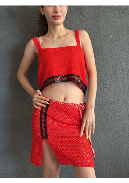 El Örgüsü Kırmızı Etek Büstiyer Takım