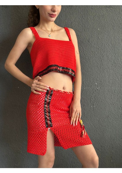 El Örgüsü Kırmızı Etek Büstiyer Takım modelleri