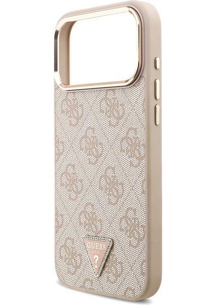 iPhone 17 Pro Max Uyumlu Kılıf Guess Lisanslı M-Safeli Taşlı Üçgen Logo 4g Desenli Kapak Pembe