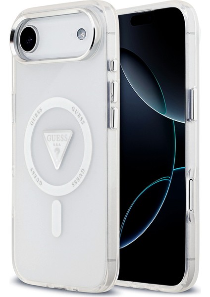 iPhone 17 Air Kılıf Guess Lisanslı M-Safeli Iml Baskılı Üçgen Logolu Metal Kamera Çerçeveli Şeffaf