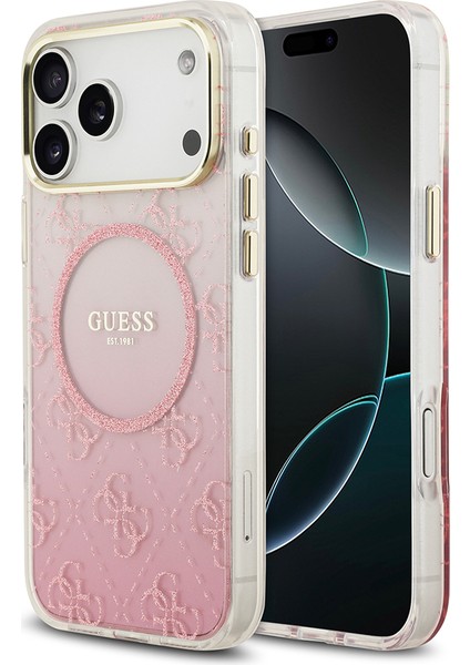 iPhone 17 Pro Max Uyumlu Kılıf Guess Lisanslı M-Safe Özellikli 4g Desenli Simli Silikon Kapak Pembe