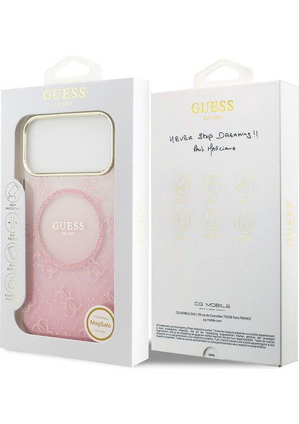 iPhone 17 Pro Max Uyumlu Kılıf Guess Lisanslı M-Safe Özellikli 4g Desenli Simli Silikon Kapak Pembe