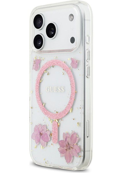 iPhone 17 Pro Uyumlu Kılıf Guess Lisanslı M-Safe Şarj Özellikli Transparan Resin Flowers Kapak Pembe fiyatları