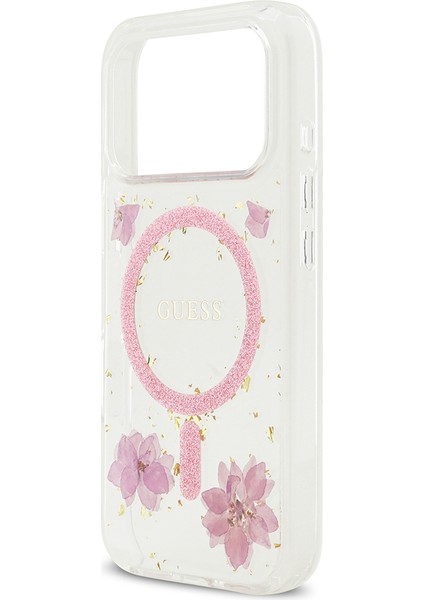 iPhone 17 Pro Uyumlu Kılıf Guess Lisanslı M-Safe Şarj Özellikli Transparan Resin Flowers Kapak Pembe