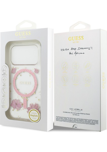 iPhone 17 Pro Uyumlu Kılıf Guess Lisanslı M-Safe Şarj Özellikli Transparan Resin Flowers Kapak Pembe