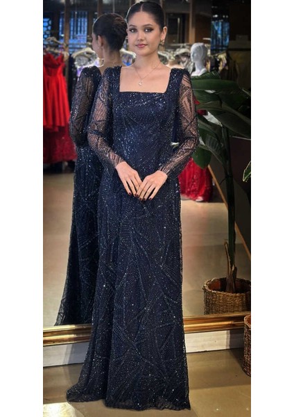 Gece Mavisi Kare Yaka Uzun Kollu Kloş Etekli Pullu Boncuklu Uzun Abiye Elbise 11047-11