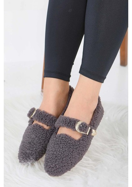 Kadın Tokalı Kışlık Babet Ev ve Dış Mekan Ayakkabısı - Füme - 36 fiyatları