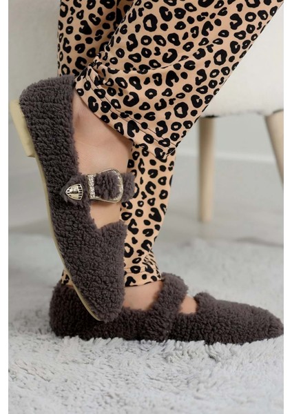 Kadın Tokalı Kışlık Babet Ev ve Dış Mekan Ayakkabısı - Füme - 36 modelleri