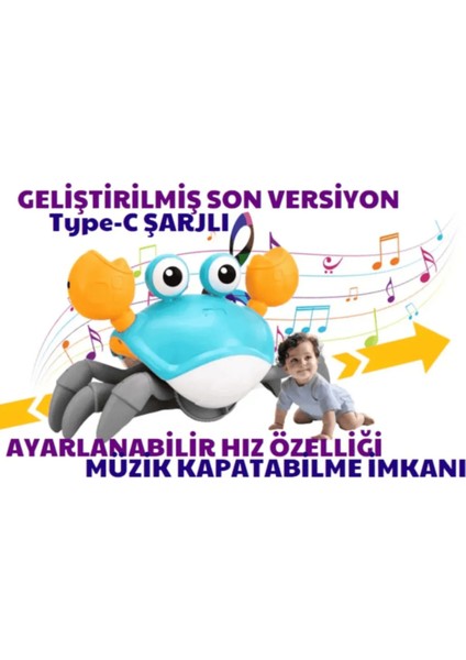 Yengeç Emeklemeye ve Yürümeye Yardımcı 3 Hız Kademeli Kapatıp Açılabilen Müzikli Sensörlü Şarjlı