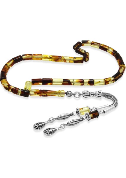 Fosilli Beyrut Kehribar Tesbih - Kararmaz Metal Püsküllü - Mini Boy - Sarı Siyah - Kesme Kesim